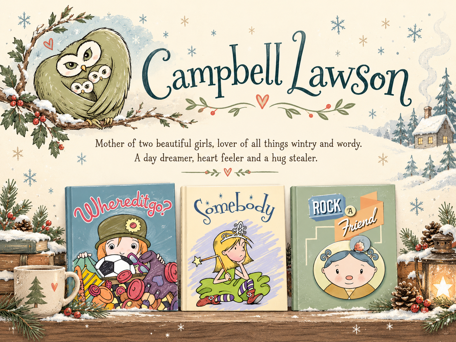 Campbell Lawson — a cozy winter illustration featuring three children's books, an owl family, and an author introduction
